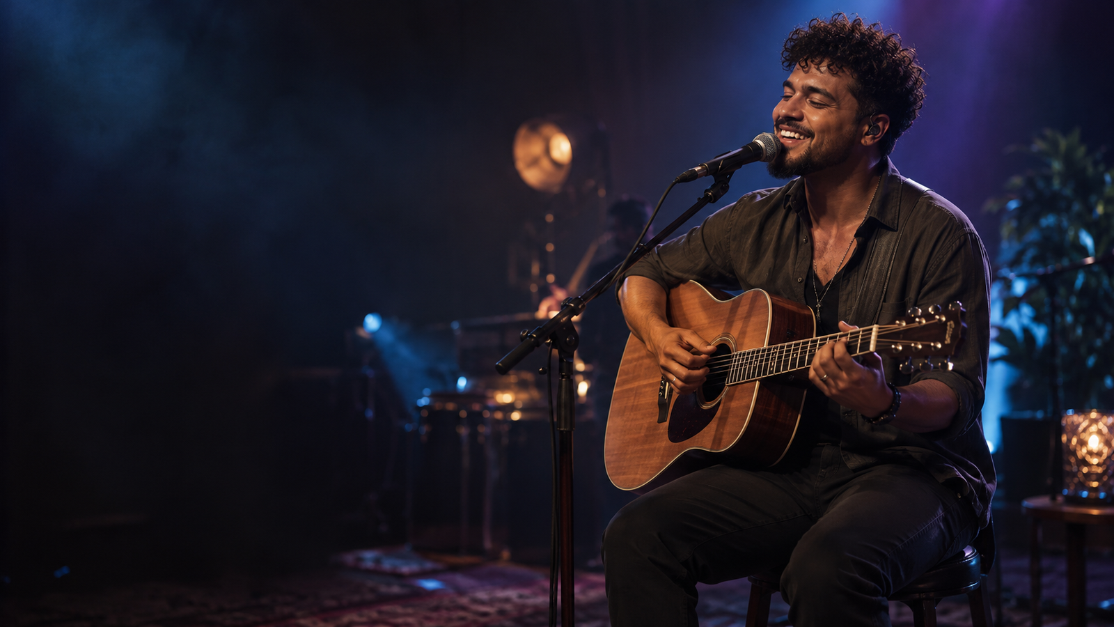 Imagem ilustrativa de cantor com violão em um palco intimista